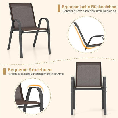 Tuinstoelen – Buitensstoelen – Terrasstoelen – Balkonstoelen – Stapelbare Stoelen – Metalen Frame – Ademend Textilene – Max. 150 kg Draagkracht – Set Van 4 Bruin