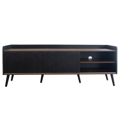 TV-meubel – Tv-kast – Lowboard – Dressoir – Tv-onderkast – Verstelbaar 101,6-124,5 cm – Zwarte Spaanplaat – Twee Schuifdeuren en Lades