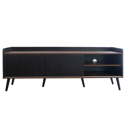 TV-meubel – Tv-kast – Lowboard – Dressoir – Tv-onderkast – Verstelbaar 101,6-124,5 cm – Zwarte Spaanplaat – Twee Schuifdeuren en Lades
