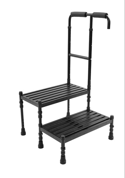 2-Traps Opstap – Opstapkruk – Trapje – Opklapkruk – Trapje Voor Ouderen – Verstelbare Handgreep – Antislip Brede Treden – Carbonstaal en Rubber (Zwart)