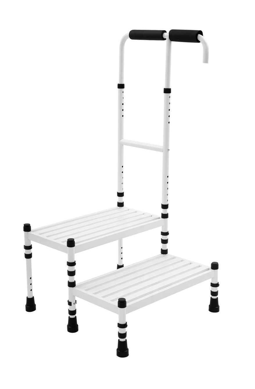 2-Traps Opstap – Opstapje – Trapje – Kindertrap – Steiger – Verstelbare Handgreep – Antislip Rubber Voeten – Brede Treden – Stabiel Koolstofstaal – Wit