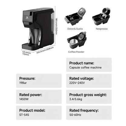 3-in-1 Koffiemachine – Espressozetapparaat – Cappuccinomachine – Latte Macchiato Maker – Capsule Koffiezetter – 19 Bar Drukpomp – Geschikt Voor Dolce Gusto, Nespresso & Gemalen Koffie – Compact Zwart Design