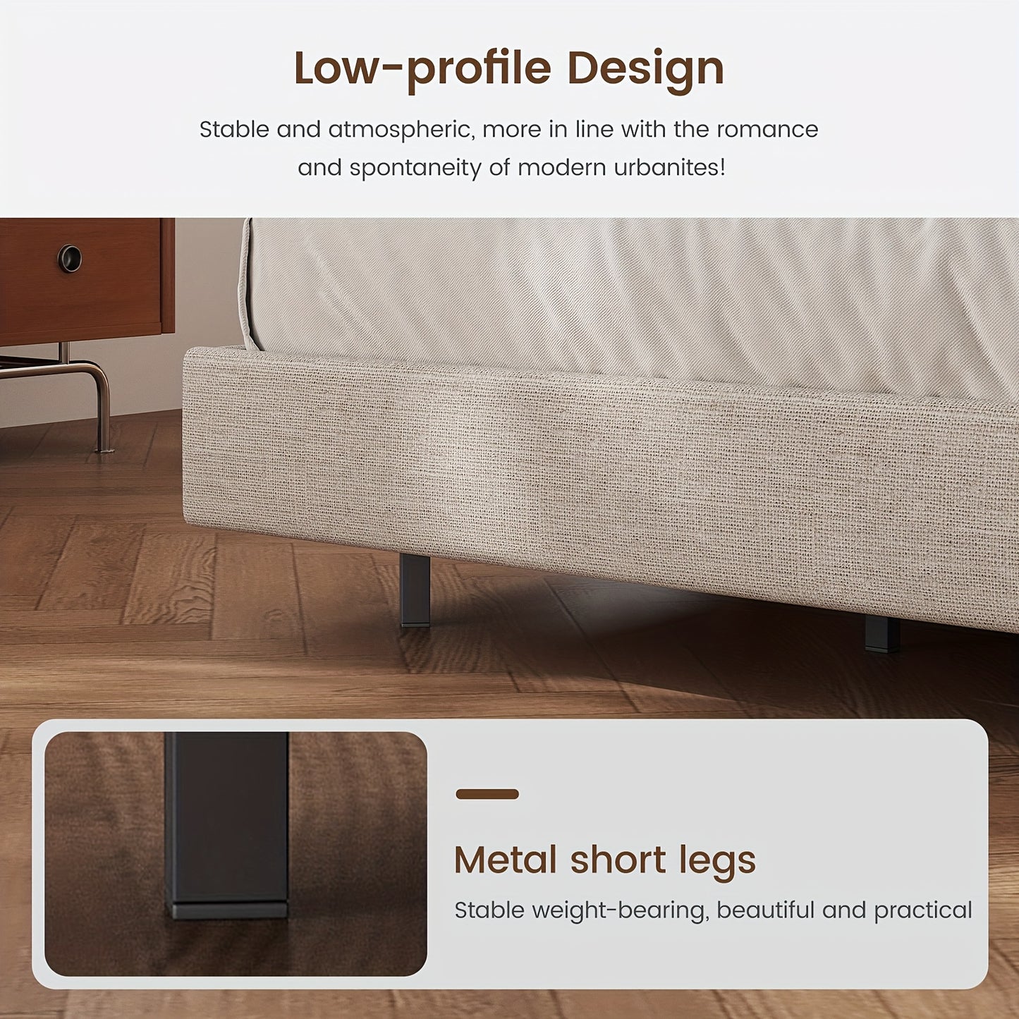Bedframe – Bedbodem – Ledikant – Tweepersoonsbed – Slaapbank – 180x200 cm – Houtlook Met Metalen Poten – Geen Boxspring Nodig – Eenvoudige Montage – Beige Grijs