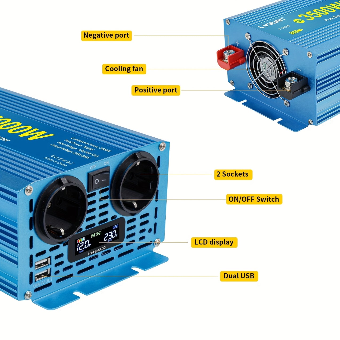Sinusomvormer – Spanningsomvormer – Stroomomvormer – Omvormer 12V naar 220V – 3500W Continu – Pure Sinusgolf – 2 AC Stopcontacten – Dual USB Poorten – Aluminium Behuizing – LCD Display