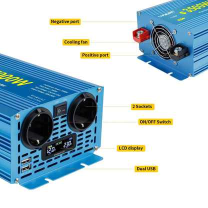 Sinusomvormer – Spanningsomvormer – Stroomomvormer – Omvormer 12V naar 220V – 3500W Continu – Pure Sinusgolf – 2 AC Stopcontacten – Dual USB Poorten – Aluminium Behuizing – LCD Display