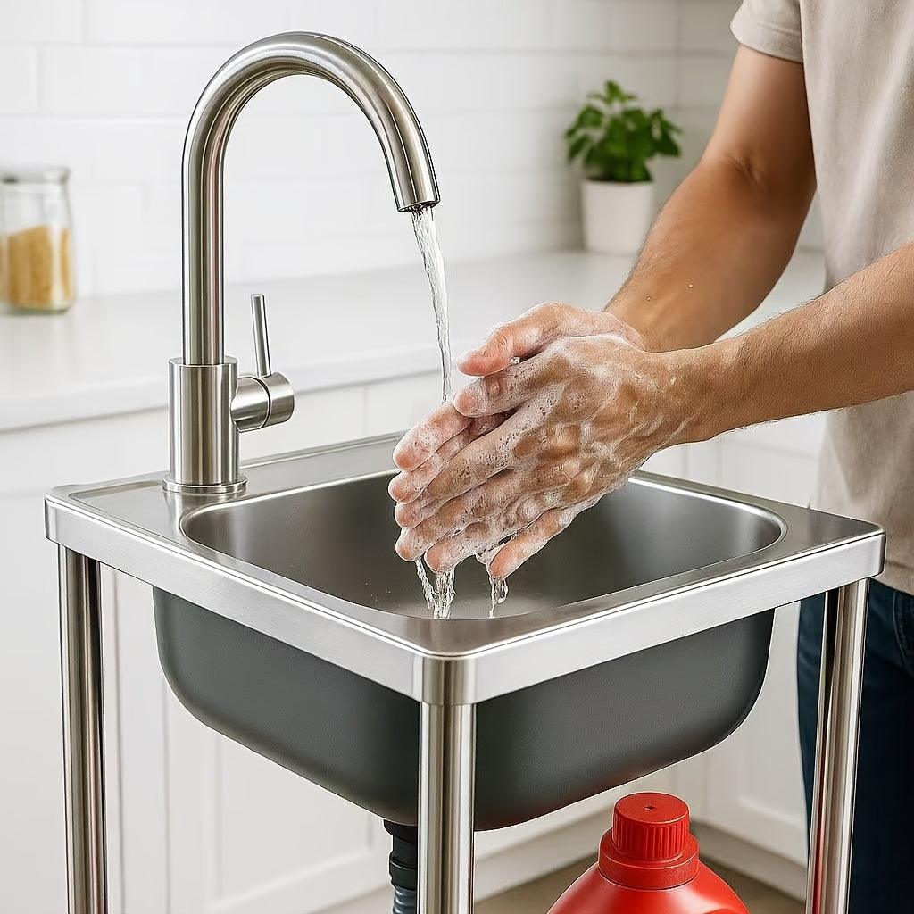 Single Bowl Kitchen Sink, Freestanding Garden Outdoor Sink, Movable Stainless Steel Sink, Essential Sink for Rentals, Sink with Hot And Cold Water Faucet, Suitable for Restaurants, Gardens, Garages, And Camping