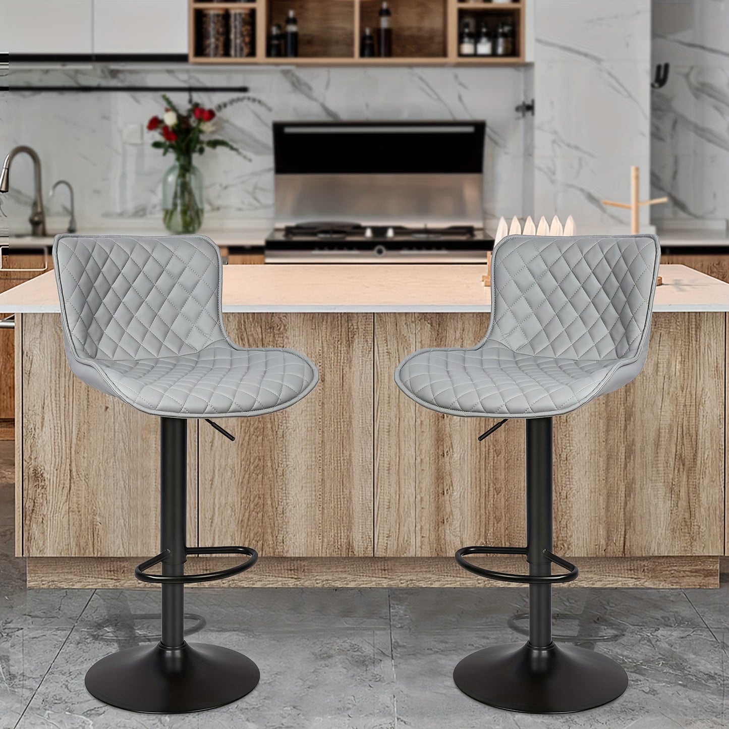Barkrukken – Barkruk Set – Barstoel – Keukenstoelen – Barkrukken Verstelbaar – 2 Stuks – Grijs Kunstleer – Draaibaar Met Rugleuning