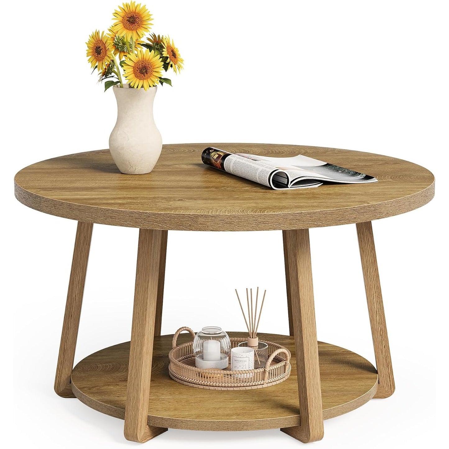 Modern Round Coffee Table with Storage Shelf - 31.5” Round (80cm) White Engineered Wood Top & Lower Shelf, Space-Saving MDF Base, Easy Assembly, Rounded Edges, 80 Weight Capacity - Contemporary Center Table for Living Room,