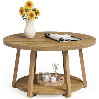 Modern Round Coffee Table with Storage Shelf - 31.5” Round (80cm) White Engineered Wood Top & Lower Shelf, Space-Saving MDF Base, Easy Assembly, Rounded Edges, 80 Weight Capacity - Contemporary Center Table for Living Room,