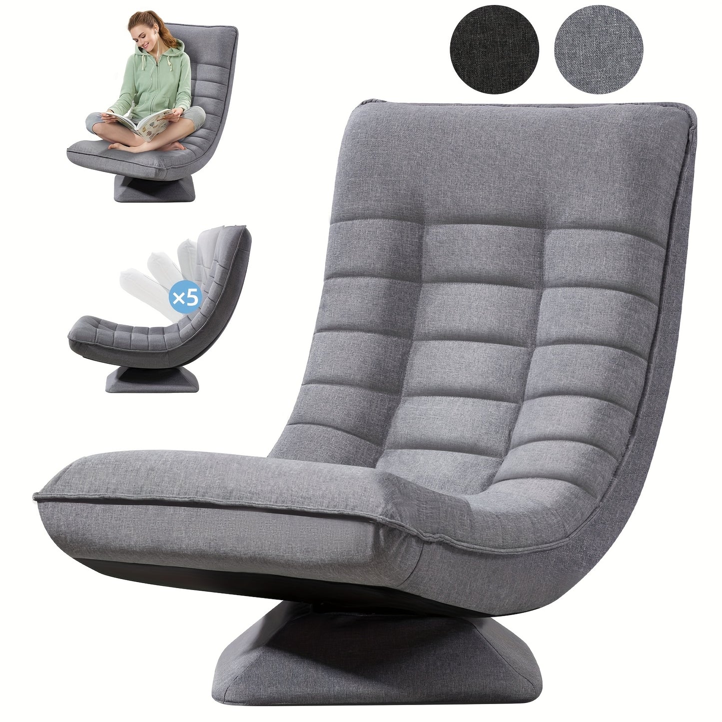 Verstelbare Loungestoel – Relaxstoel – Tuinstoel – Balkonstoel – Loungefauteuil – 5-Standen Verstelbaar – 360° Draaibaar – Opvouwbaar – Metalen Frame – Grijs