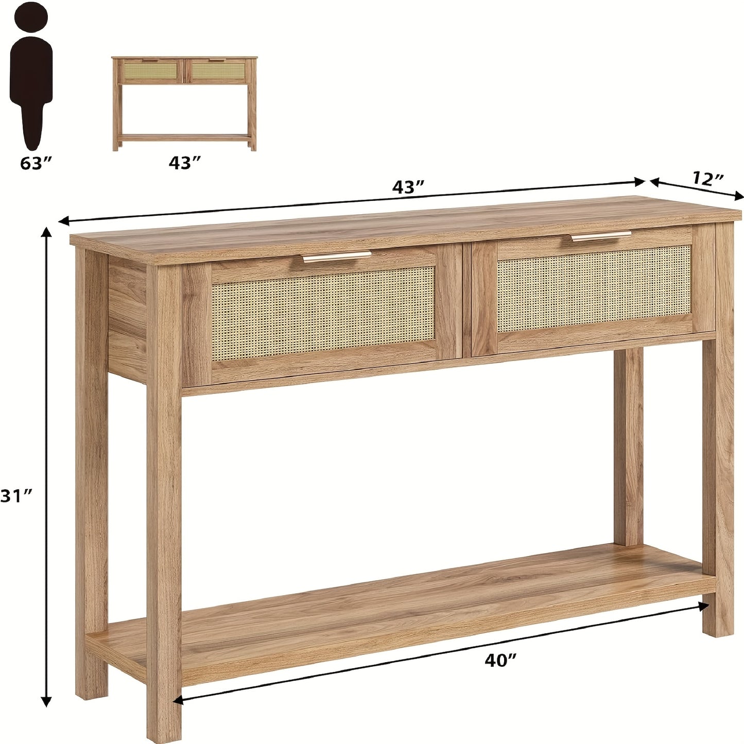 Haltafel – Sidetable – Dressoir – Opbergtafel – Console – 110x30x79 cm – Gerecycled Caramel Eikenhout – Boho Rattan Met 2 Lades