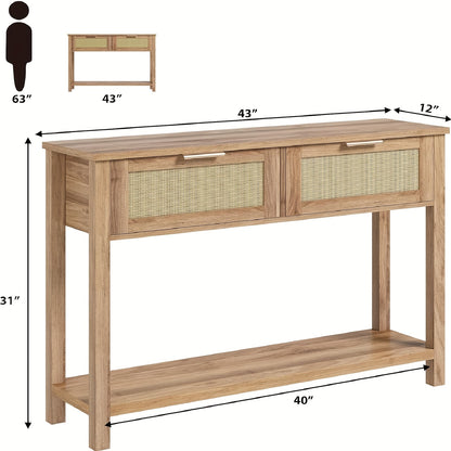 Haltafel – Sidetable – Dressoir – Opbergtafel – Console – 110x30x79 cm – Gerecycled Caramel Eikenhout – Boho Rattan Met 2 Lades