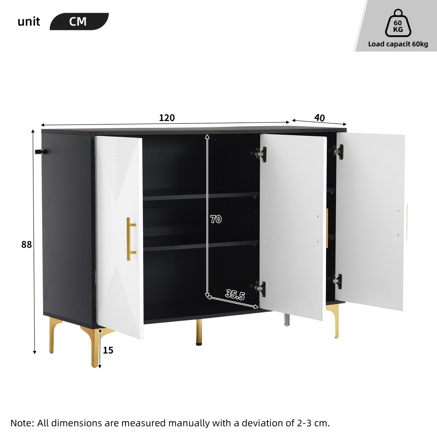Opbergkast – Kasten – Dressoir – Sideboard – Bergmeubel – Wit Met Gouden Accenten – Ruime Opbergruimte 3,2+ Kubieke Voet – Vrijstaand En Snel Te Plaatsen