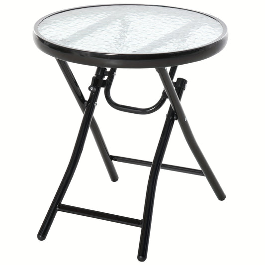 Bijzettafel – Bijzettafeltje – Nachtkastje – Salontafel – Sidetable – Ronde Opvouwbare Tafel – Glazen Tafelblad – Diameter 45 cm – Metaal Zwart