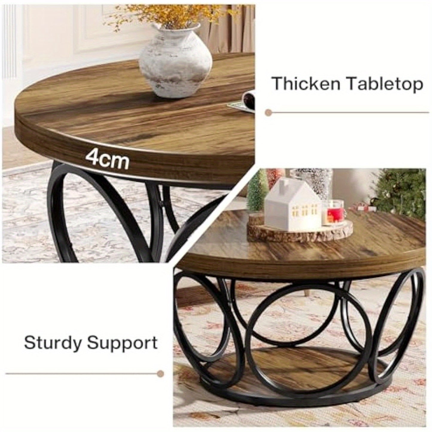 BYBLIGHT Industrial Round Coffee Table - 80cm Rustic Brown Wood & Metal Frame, Thickened Engineered Wood Top, Space-Saving Design, Easy Assembly, Contemporary Style for Living Room, Bedroom, Office - Durable & Stylish Furnitu