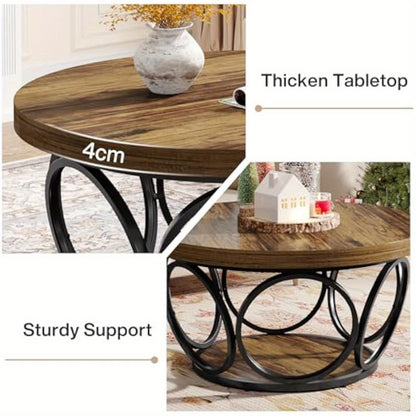 BYBLIGHT Industrial Round Coffee Table - 80cm Rustic Brown Wood & Metal Frame, Thickened Engineered Wood Top, Space-Saving Design, Easy Assembly, Contemporary Style for Living Room, Bedroom, Office - Durable & Stylish Furnitu