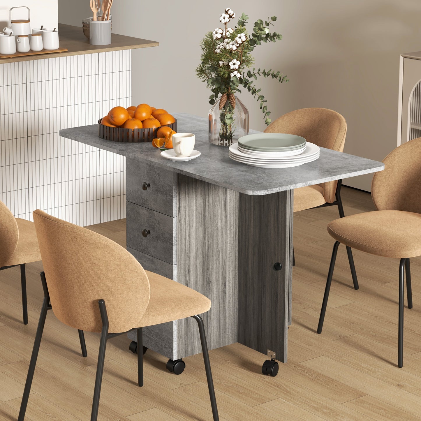 Opvouwbare Keukentafel – Uitklapbare Eettafel – Vouwtafel – Klaptafel – Uitschuifbare Tafel – Met 2 Laden En 1 Kast – Compact 120x60x76,5 cm – Grijs