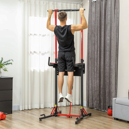 Pull-up Bar – Optrekstang – Dips Station – Fitness Rek – Trainingsstation – Inklapbaar – Verstelbare Hoogte 127-223 cm – Staal Zwart/Rood