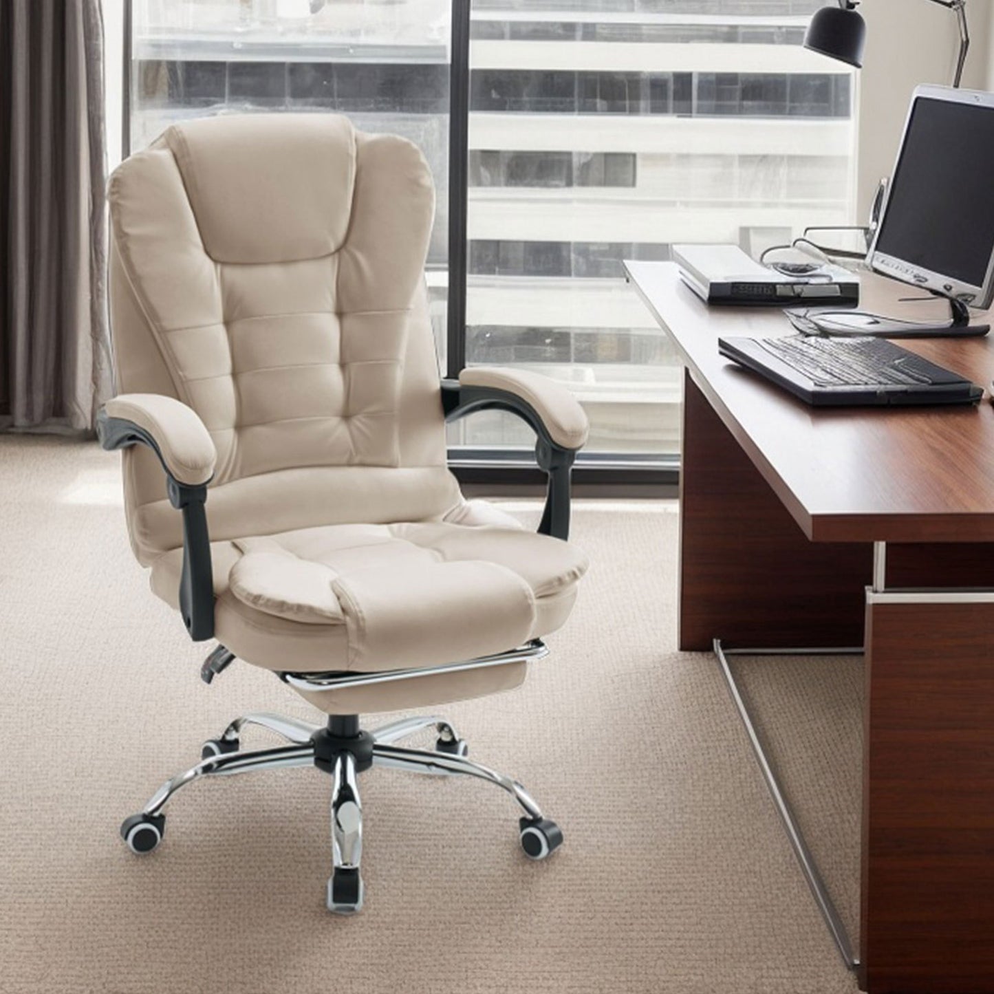 Bureaustoel – Kantoorstoel – Gamestoel – Office Chair – Executive Chair – Extra Groot – Voetensteun – Ergonomisch – Hoog Rugleuning – PU Leer – Stille Wieltjes – Verstelbaar – Stevig Metalen Onderstel – Beige