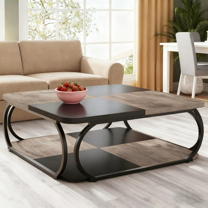 Salontafel – Koffietafel – Woonkamertafel – Bijzettafel – Theetafel – Vierkant – Met Open Plank – Stevig Metalen Frame – 99 cm – Rustiek Grijs Zwart