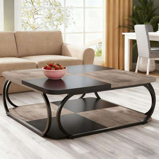Salontafel – Koffietafel – Woonkamertafel – Bijzettafel – Theetafel – Vierkant – Met Open Plank – Stevig Metalen Frame – 99 cm – Rustiek Grijs Zwart