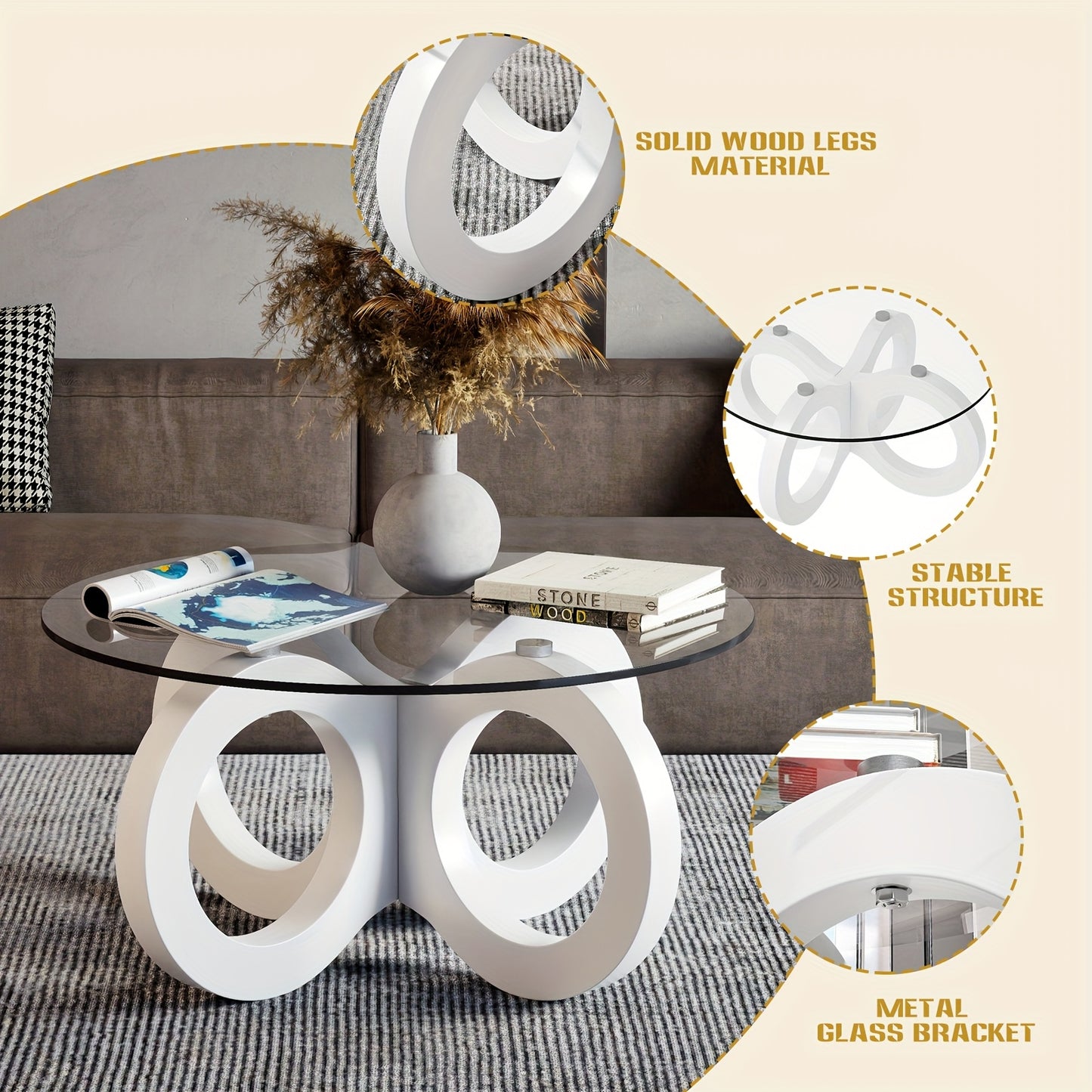 Koffietafel – Salontafel – Bijzettafel – Woonkamertafel – Rondetafel – Modern Design – Wit Glas – Ruimtebesparend – Sculpturale Oneindigheidsbasis – Diameter 80 cm – MDF & Metaal