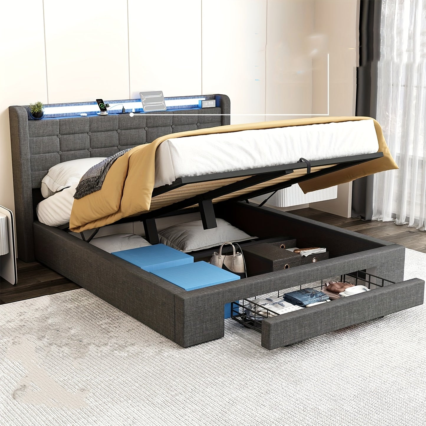 Modern Gestoffeerd Bed – Bedframe – Slaapbed – Opbergbed – Queensize Bed – Hydraulische Lift – LED-Verlichting – 140x200 cm – Grijs Linnen – MDF Frame