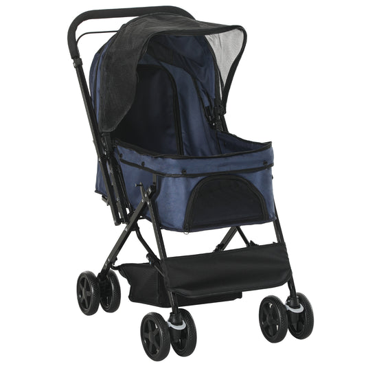Hondenwagen – Hondenbuggy – Huisdierenwagen – Dierenbuggy – Kleine Honden Buggy – Blauw – Verstelbare Kap – Inklapbaar Met Veiligheidshaak