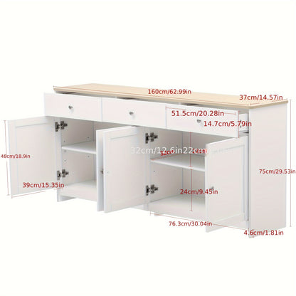 Sideboard, Sideboard, Organiser, Four Doors with Three Drawers, for Living And Dining Room. White, 160*37*75 Cm