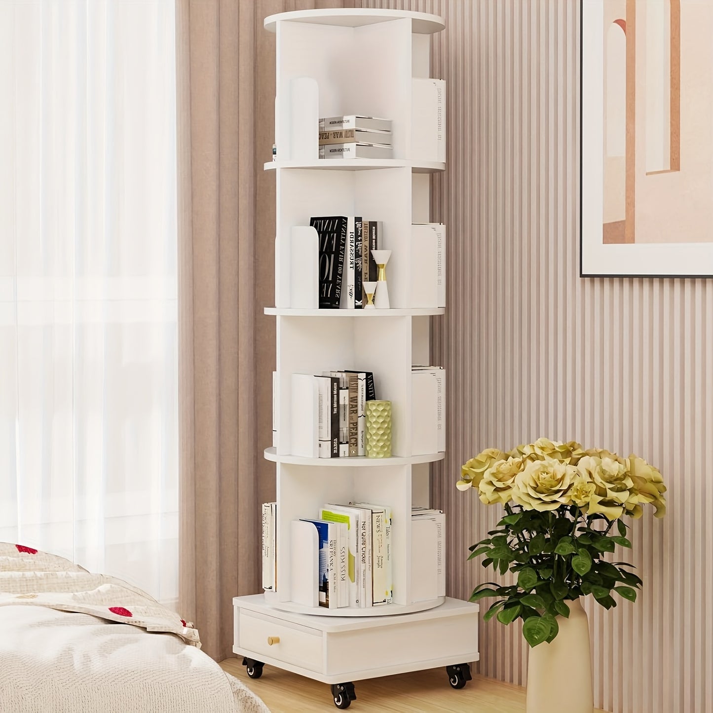 Boekenrek – Boekenplank – Boekenkast – Opbergkast – Wit – 4-Lagen Met Lade – 360° Draaibaar Met Wieltjes