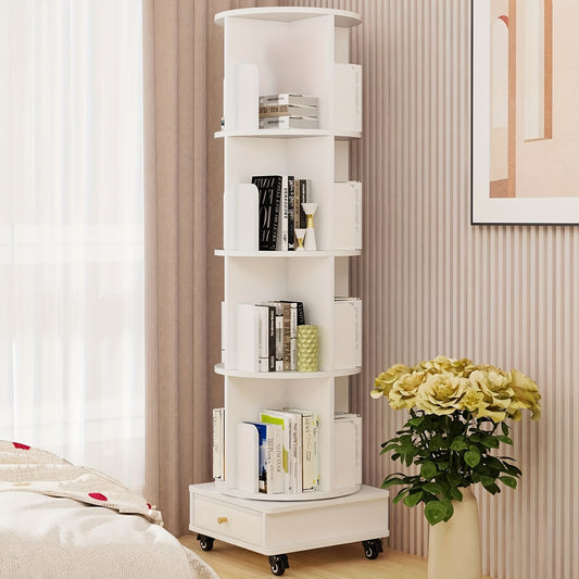 Boekenrek – Boekenplank – Boekenkast – Opbergkast – Wit – 4-Lagen Met Lade – 360° Draaibaar Met Wieltjes