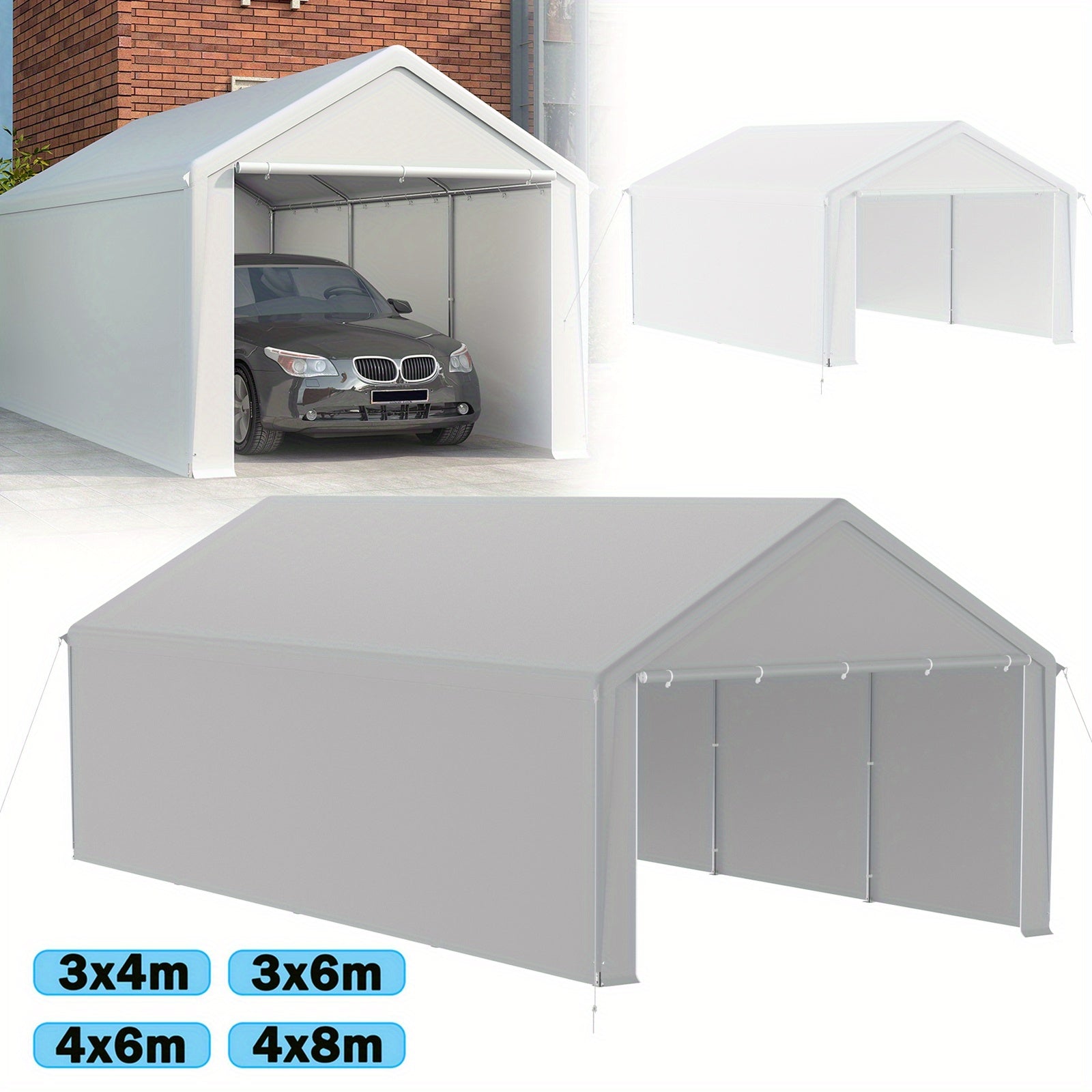 Carport – Garage Tent – Opslag Tent – Garage Canopy – Vouw Gazebo – 3x6m – PE Dak – Met Rolgordijnen en Ramen – Grijs Wit - QUORE