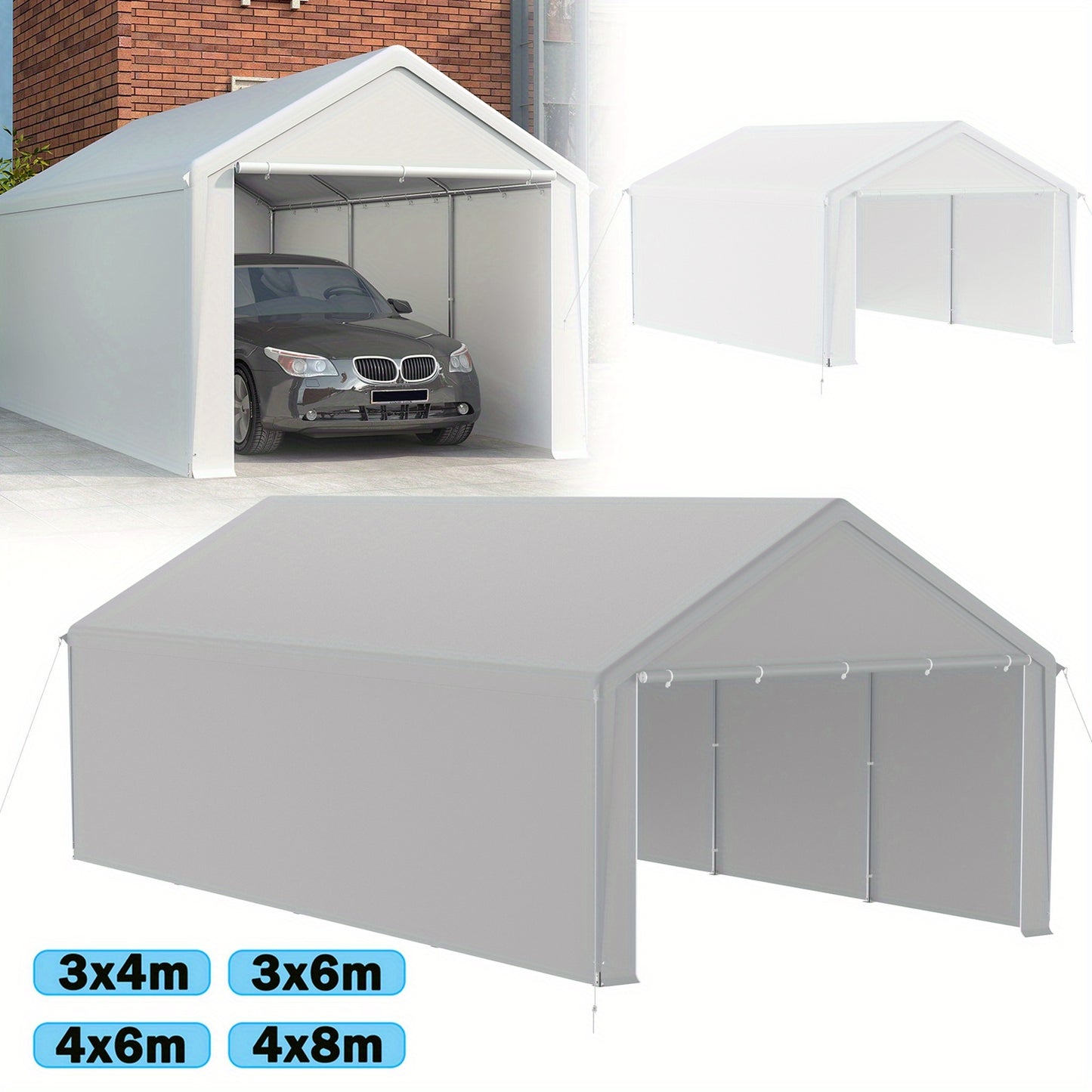 Garage Tent – Garage Overkapping – Opslag Tent – Carport – Zonwering Dak – 4x6m – Stabiel Stalen Frame – PE Dak met Rolgordijnen en Ramen