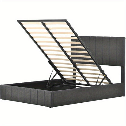Bedframe – Tweepersoonsbed – Boxspring – Opbergbed – Slaapbank – Hydraulisch Verstelbaar Hoofdeinde – Metalen Frame – 140x200 cm – Grijze Linnen Bekleding – Opberglades – Eenvoudige Montage – Zonder Elektriciteit