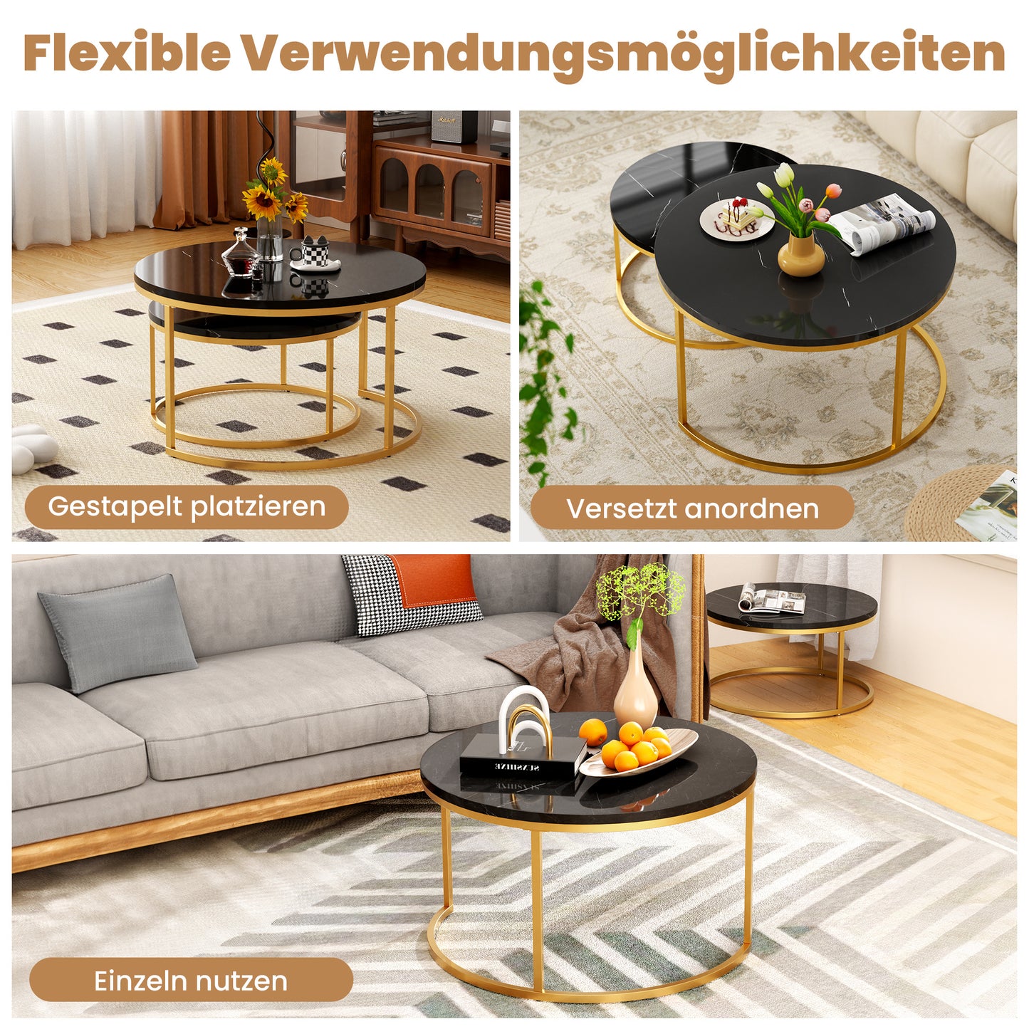 2-delige Salontafel Set – Woonkamer Tafel – Balkon Tafel – Marmeren Tafel – Hoogglans Tafel – Gouden Frame – Opbergruimte Onderblad