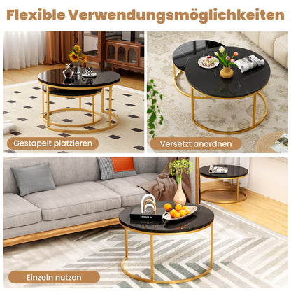 2-delige Salontafel Set – Woonkamer Tafel – Balkon Tafel – Marmeren Tafel – Hoogglans Tafel – Gouden Frame – Opbergruimte Onderblad