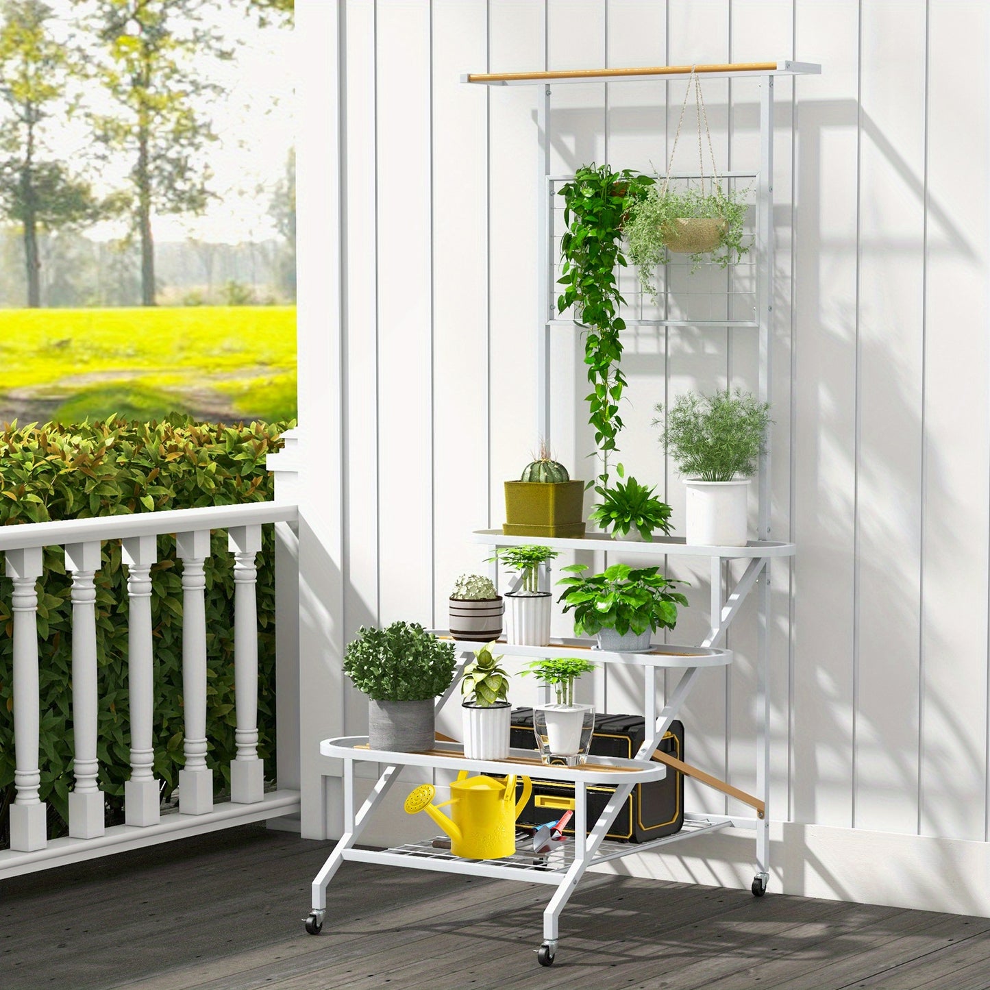 Plantenrek – Plantenstandaard – Plantentrap – Bloemenrek – Plantentafel – 3 Lagen Met Wieltjes – Metaal En Rubberhout – Voor Binnen En Buiten – Ruimtebesparend Ladderontwerp