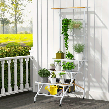 Plantenrek – Plantenstandaard – Plantentrap – Bloemenrek – Plantentafel – 3 Lagen Met Wieltjes – Metaal En Rubberhout – Voor Binnen En Buiten – Ruimtebesparend Ladderontwerp