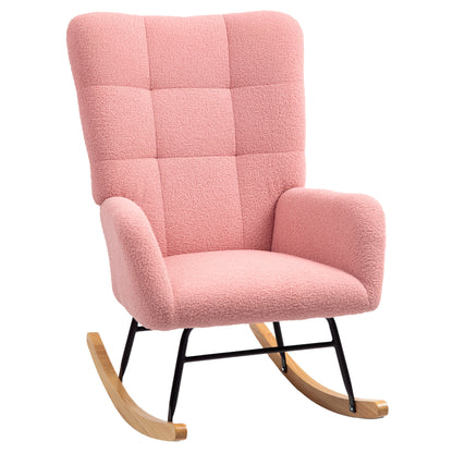 Schommelstoel – Relaxstoel – Fauteuil – Schommelstoelen – Loungestoel – Teddy Velvet – Met Armleuningen – Houten Poten – 90°-115° Schommelbeweging – Brede Comfortabele Zitting – Roze