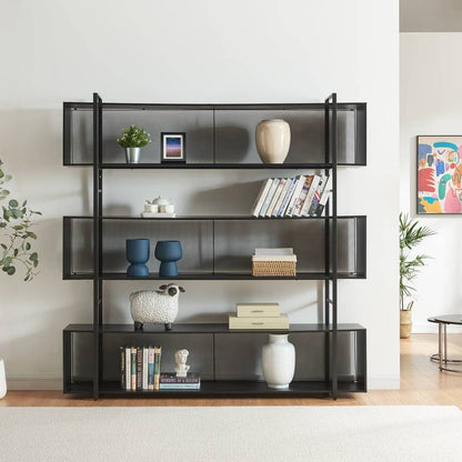 Boekenkast – Vakkenkast – Opbergkast – Open Kast – Wandrek – Zwart Metalen Frame – 3 Ruime Vakken – 180x180x33 cm