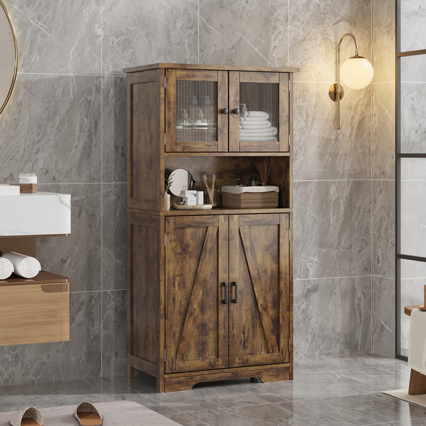 Kast – Opbergkast – Bergkast – Badkamerkast – Kast Met Glazen Deuren – 127 cm Hoog – MDF Materiaal – Verstelbare Planken – Vrijstaand – Anti-Kantel Veiligheid – Modern Bruin Design