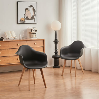 Eetkamerstoel – Armstoel – Stoel Met Armleuning – Dining Chair – Zwarte Kunststof Stoel – Set Van 2 – Hardhouten Poten – Modern Design