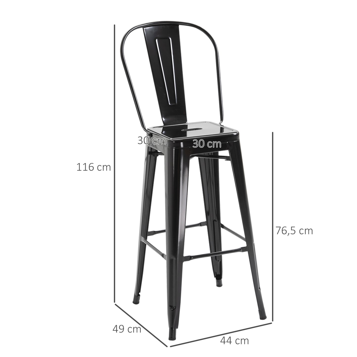 Barstoel – Barkruk – Barstoel Kruk – Barkrukken – Keukenstoel – Industrieel Design – Met Rugleuning en Voetsteun – Zithoogte 76,5 cm – Zwart Metaal