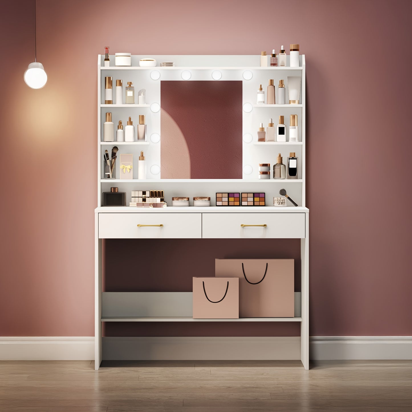 Kaptafel – Make-uptafel – Schminktafel – Toilletmeubel – Vanity – Met Spiegels – Verstelbare Helderheid – 40 x 100 x 149 cm – Wit – Met 2 Laden En Opbergruimte