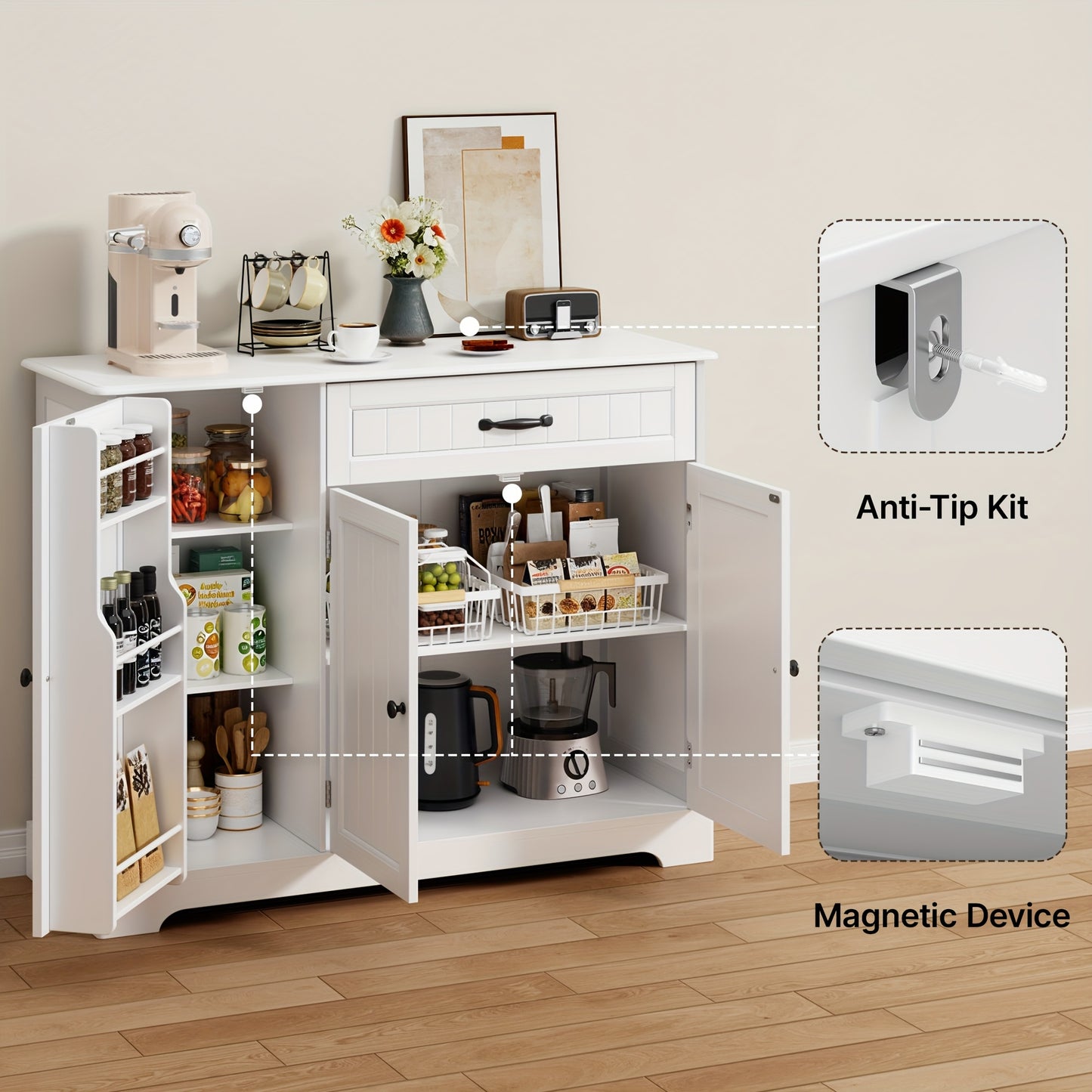 Dressoir – Opbergkast – Ladekast – Buffetkast – Commode – Modern Design – Duurzaam Hardhout – 68,5 cm Hoog – Vrijstaand – 3 Deuren & 1 Lade – Grote Opbergruimte 3,2 m³