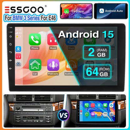 Autoradio BMW E46 2 DIN – Multimedia Speler – Auto Stereo – Navigatiesysteem – Touchscreen Radio – 9 Inch IPS Scherm – Android 15 Systeem – Draadloos CarPlay & Canbus