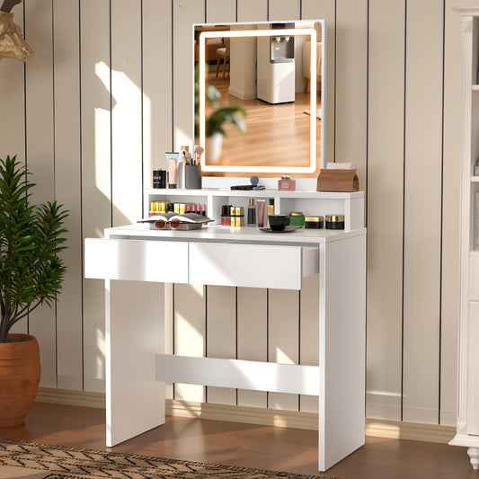 Kaptafel – Dressing Table – Make-uptafel – Make-upplek – Schminktafel – Compact – Verstelbare LED-verlichting – USB-oplaadpoort – Grote spiegel – Lades