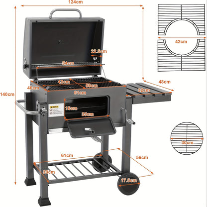 Houtskoolbarbecue – Barbecue – Houtskoolbarbecue – Smoker – Grill – Ruim Grilloppervlak 124x56x140 cm – Ingebouwde Thermometer en Verstelbare Ventilatie