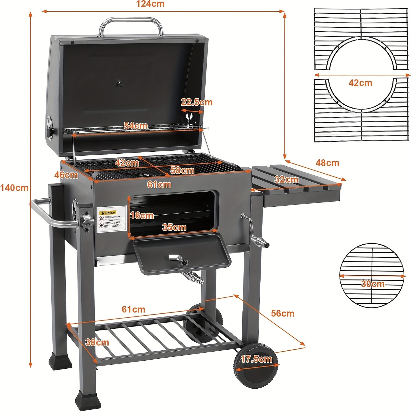 Houtskoolbarbecue – Barbecue – BBQ – Grill – Smoker – Gecoat IJzer – Inclusief Thermometer en Wielen – 124x56x140 cm – Zwart