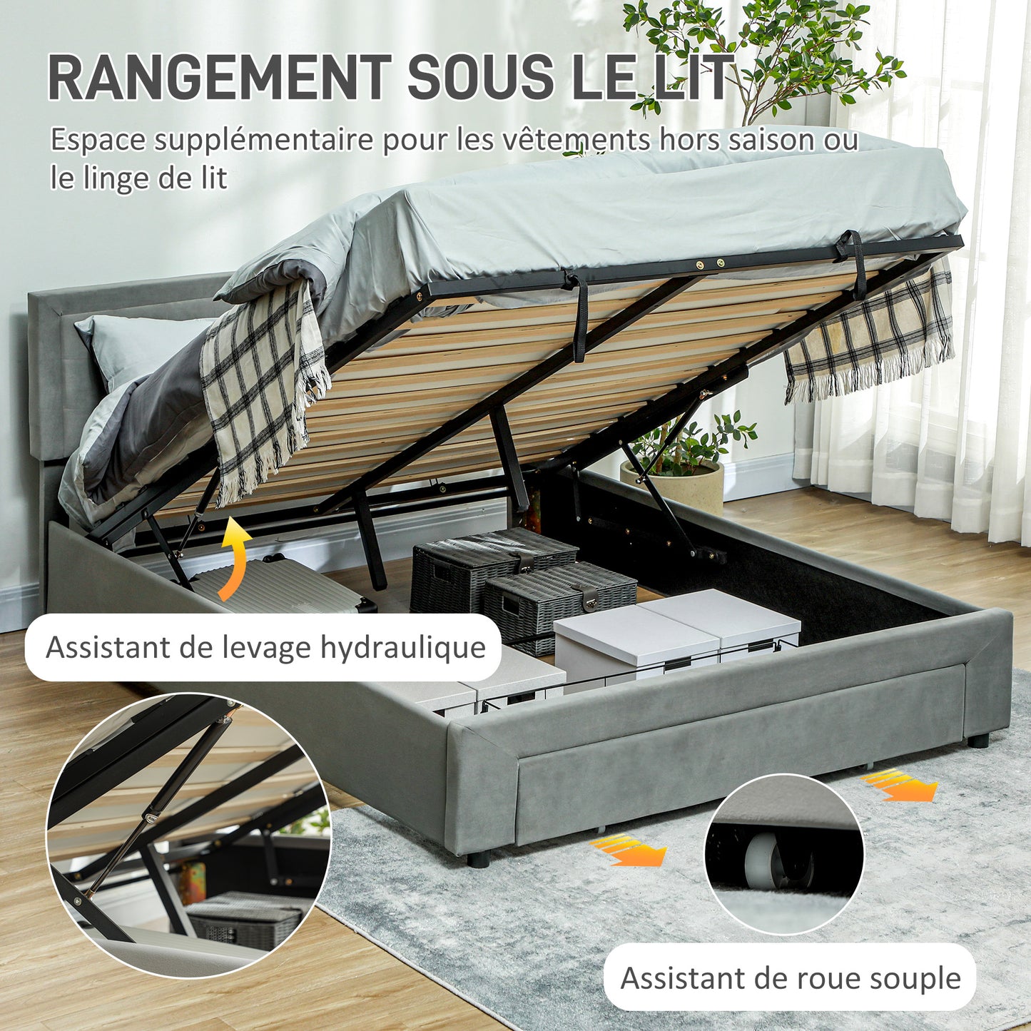 Bedframe – Tweepersoonsbed – Platformbed – Opbergbed – Bedbank – Hydraulische Lift – Verstelbaar Hoofdbord Fluweel – 140x200 cm